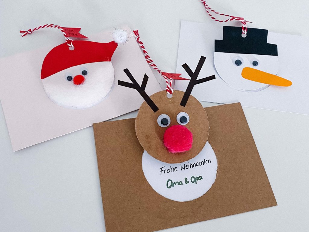 Weihnachtskarten zum Aufziehen mit Schneemann, Rentier und Weihnachtsmann als Motiv zum Basteln mit Kindern.